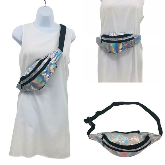 Silver Neon Holographic Metallic Chest Belt Fanny Pa Crossbody Bag Rave - Picture 1 of 9
